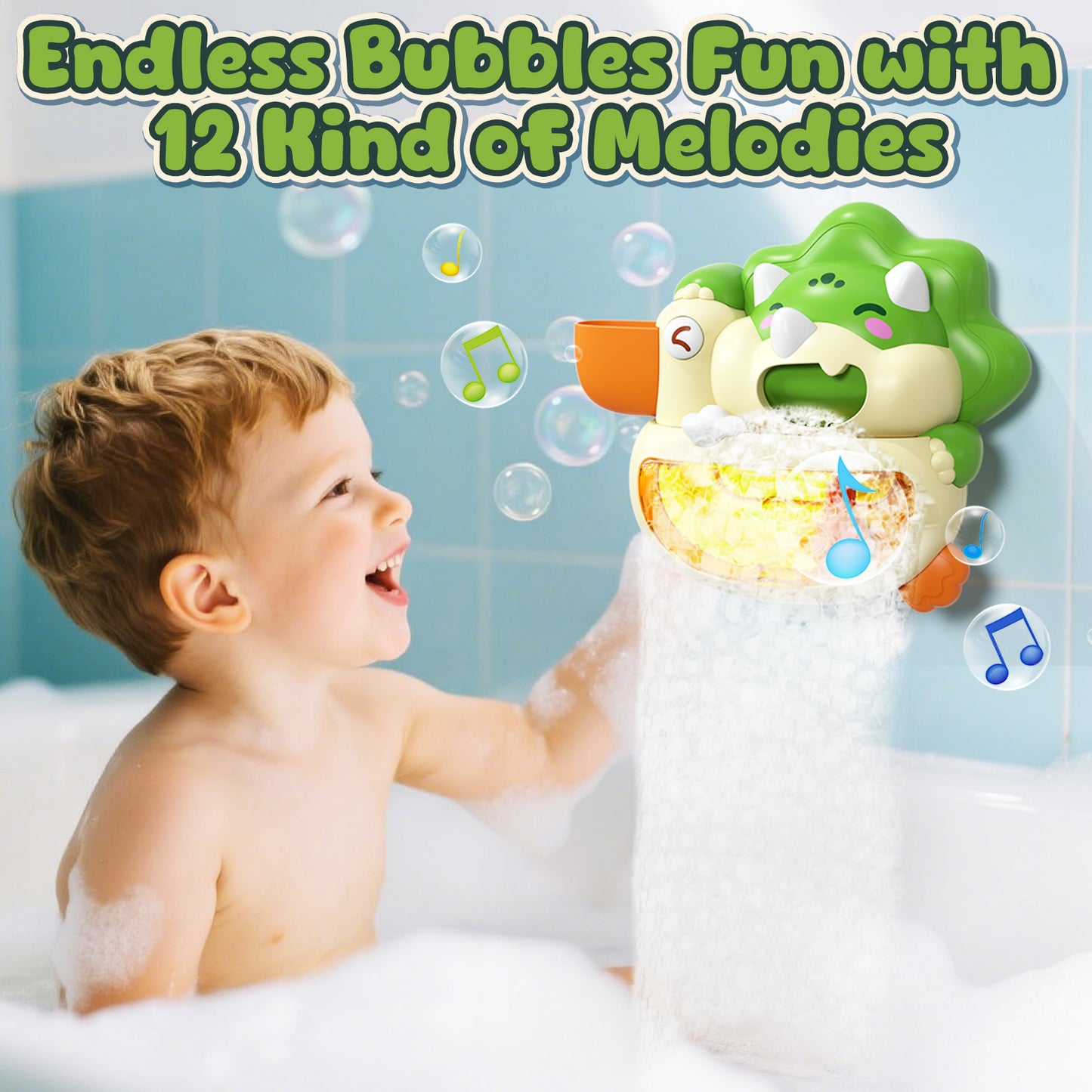 Baby Dinosaur Bath Toys,Toddler Bath Bubble Machine, Bathtub Toy Dinosaur, Bubble Maker with 12 Songs & 6 Color Lights, Bath Time Shower Bath Wall Toy for Boys Girls