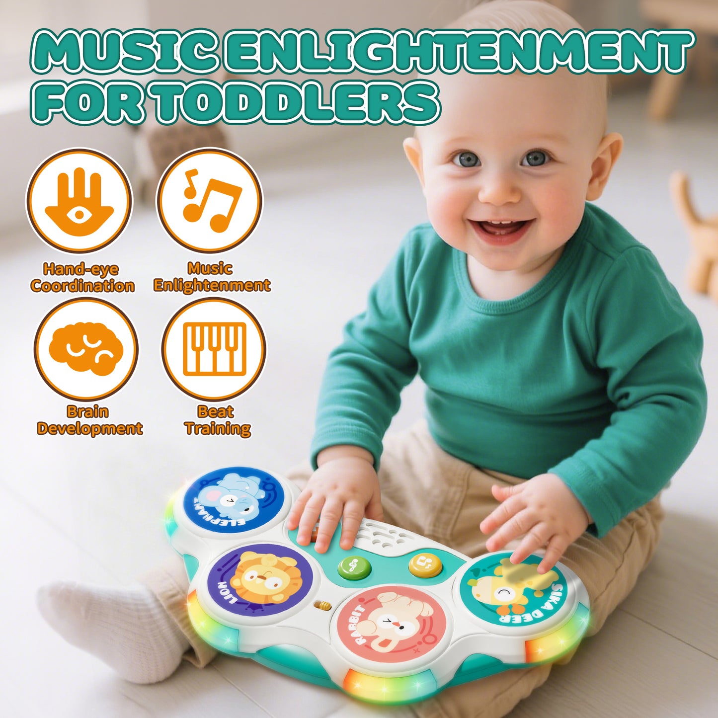 Kids Drum Set, Toys for 1 Year Old, Drum Sets for Kids 1 to 4, Animal Drum Set with Light & Music, Montessori Toy for 1 Year Old Boys Girls, Learning Educational Developmental Baby Toys 12-18 Mouth