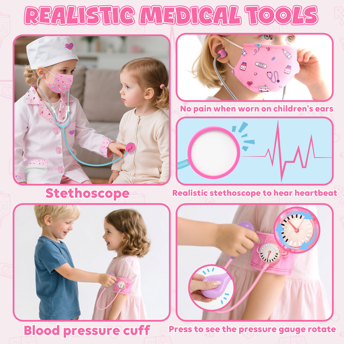 Doctor Costume Set for Kids, Pretend Play Doctor Dress up Clothes with Medical Accessories, Kids Doctor Costume Set Toy for Age 3 4 5 6 Boys Girls - Pink