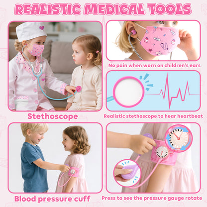 Doctor Costume Set for Kids, Pretend Play Doctor Dress up Clothes with Medical Accessories, Kids Doctor Costume Set Toy for Age 3 4 5 6 Boys Girls - Pink