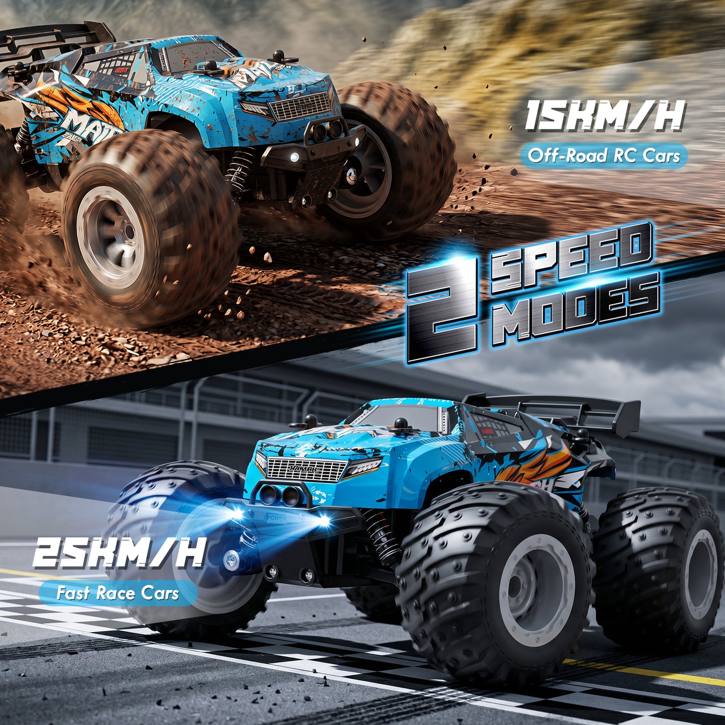Remote Control Truck, 1:18 All Terrain Rc Truck High Speed Fast 15KM/H, RC Truck with 2.4Ghz & Light & 2 1200 mAH Batteries, Remote Control Car Toys for Boys 5 to 8 Years