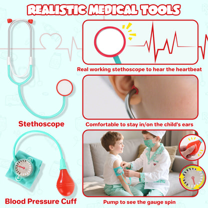 Doctor Costume Set for Kids, Pretend Play Doctor Dress up Clothes with Medical Accessories, Kids Doctor Costume Set Toy for Age 3 4 5 6 Boys Girls - Pink