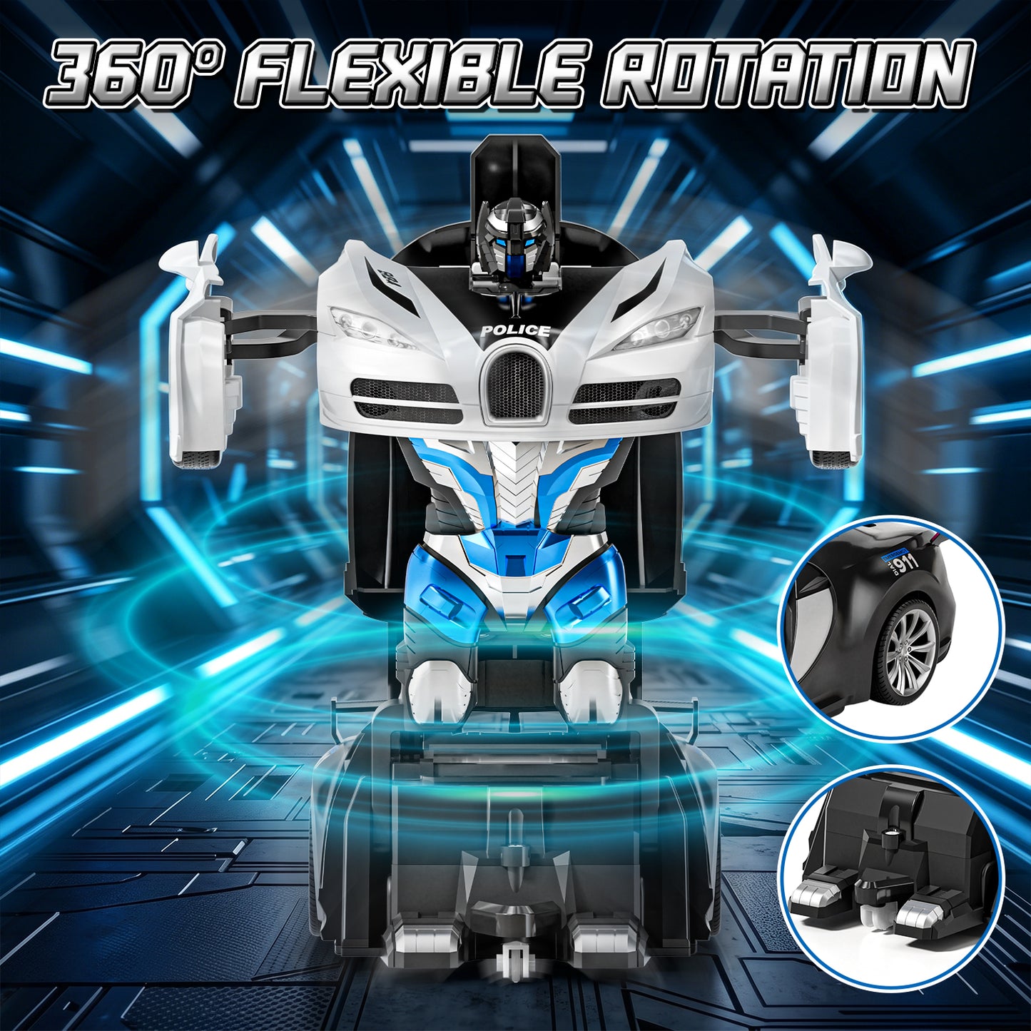 Remote Control Car - Transform Police Car Toy, One Button Deformation to Robot with Light, 2.4Ghz Remote Control Car with 360° Rotating, Police Car Toy for 3 6 Years Boys