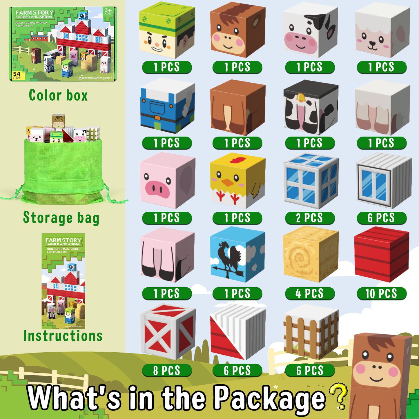 Magnetic Tiles, Farm 54PCS Magnetic Blocks, Magnetic Construction Toys for Toddler, Montessori Learning Toy for 3-6 Year Old Kids, Education Toys for Boys Girls