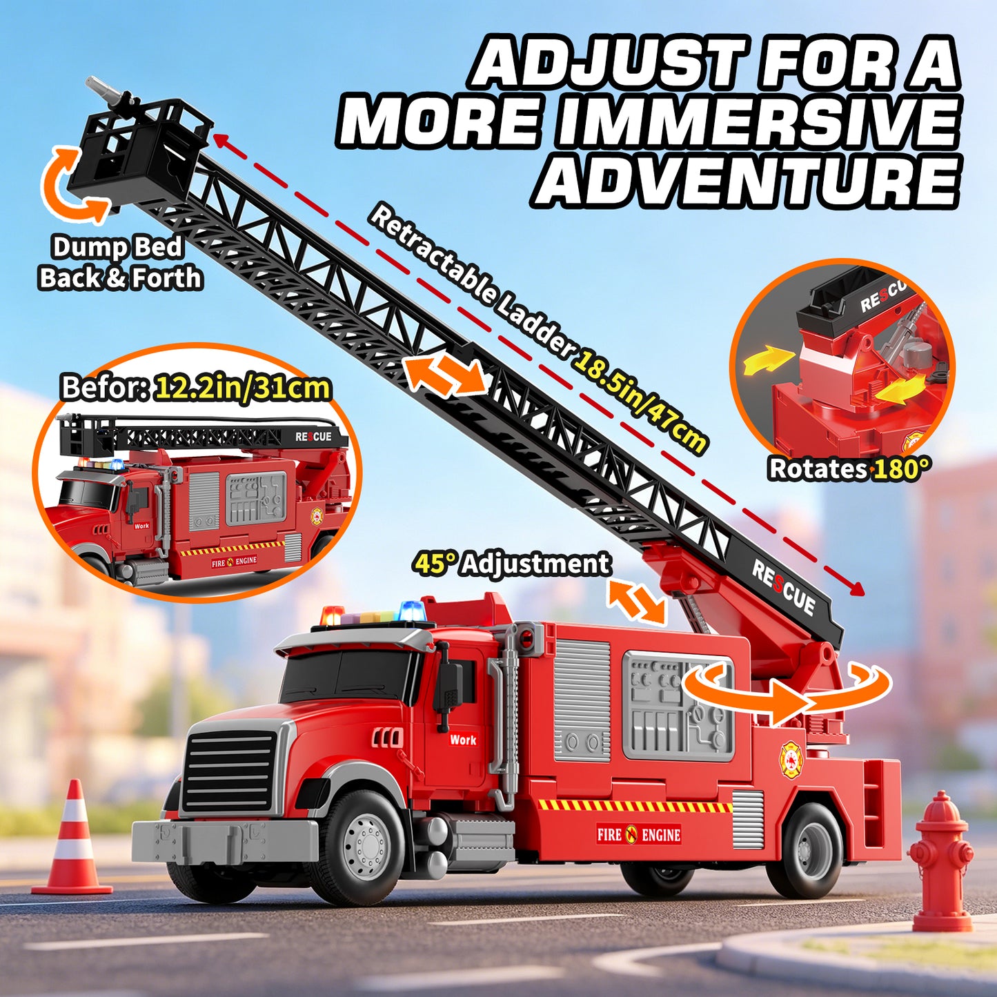 Fire Truck Toys, Toy Trucks for Boys 2-6 Years, Fire Truck Toys for Toddlers with Ejection Mode, Siren Sounds, Shooting Water, Retractable Ladder, 4 Alloy Vehicles, Best Birthday Gift for Toddle