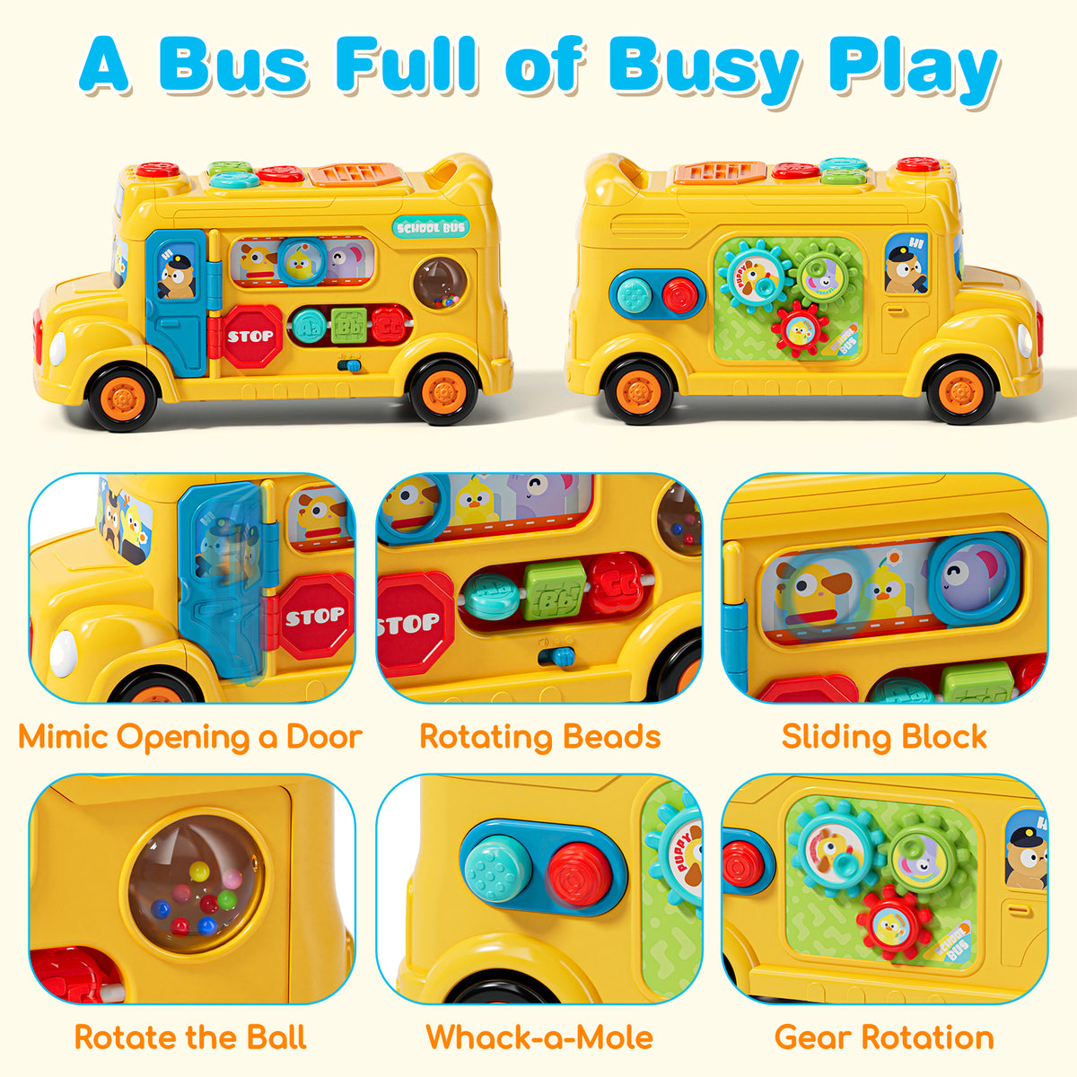 School Bus Toy for 1 Year Old, Musical Busy Board Toy with Lights and Sounds, Interactive Learning Toy for Toddlers 1-3 with Gears and Sliding Beads