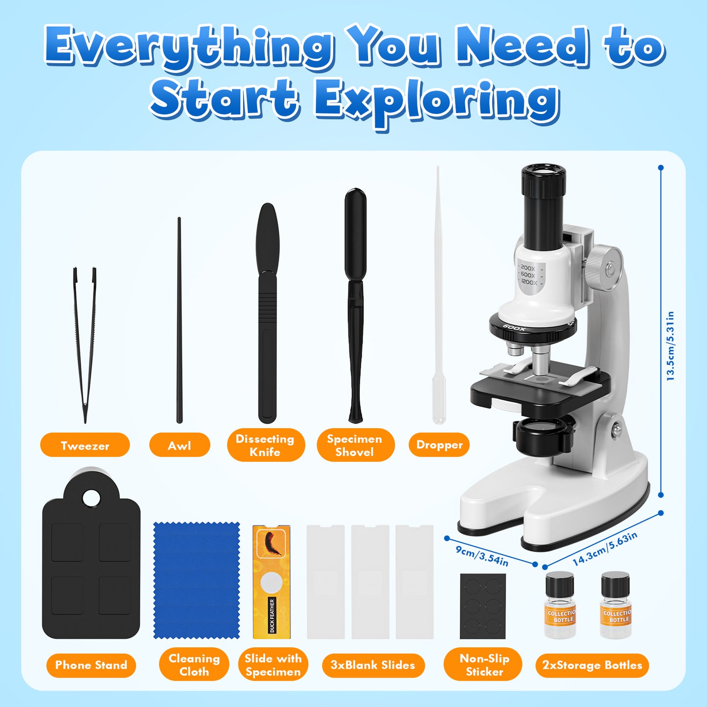 Microscope for Kids, Science Kits for Kids Beginner, Compound Biological Educational Microscope with LED 200X, 600X, 1200X, Smartphone Adapter, Slides Set, Educational Toys for Kids 3-8 Years
