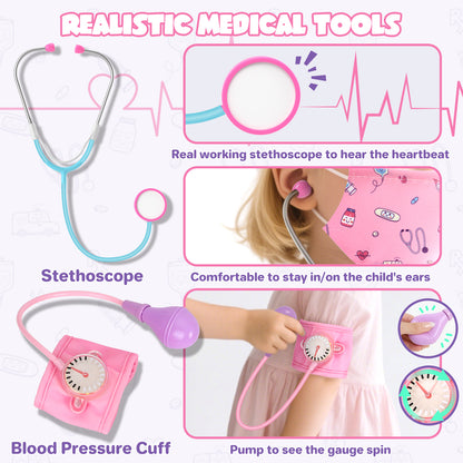 Doctor Costume Set for Kids, Pretend Play Doctor Dress up Clothes with Medical Accessories, Kids Doctor Costume Set Toy for Age 3 4 5 6 Boys Girls - Pink