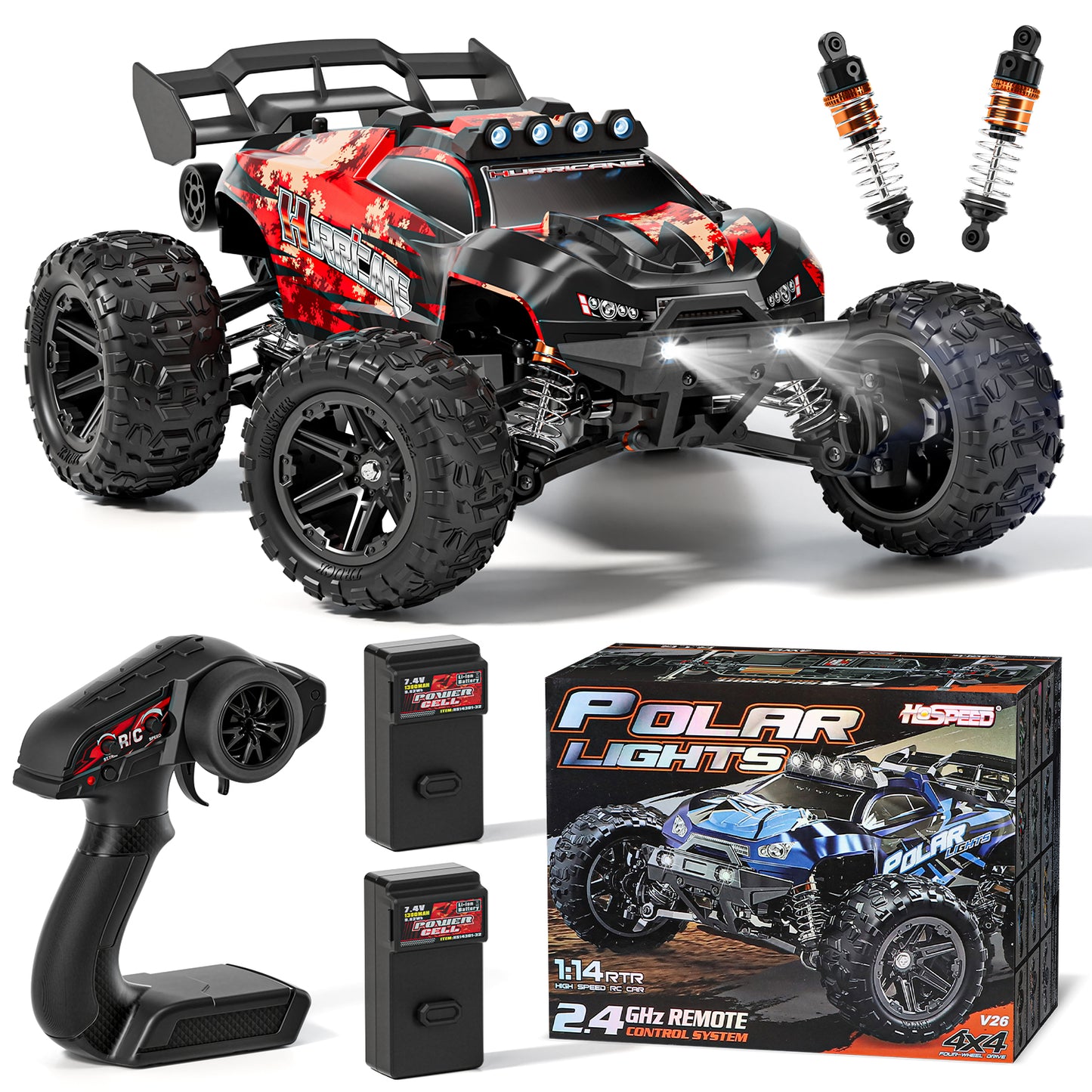 1:14 Scale All Terrain RC Car for Adults & Boys, Remote Control Truck 4WD 40KM/H High Speed, Hobby Grade Waterproof RC Car Toys with Cool Light & 2 Rechargeable Batteries, Best Gift for Boys & Adult
