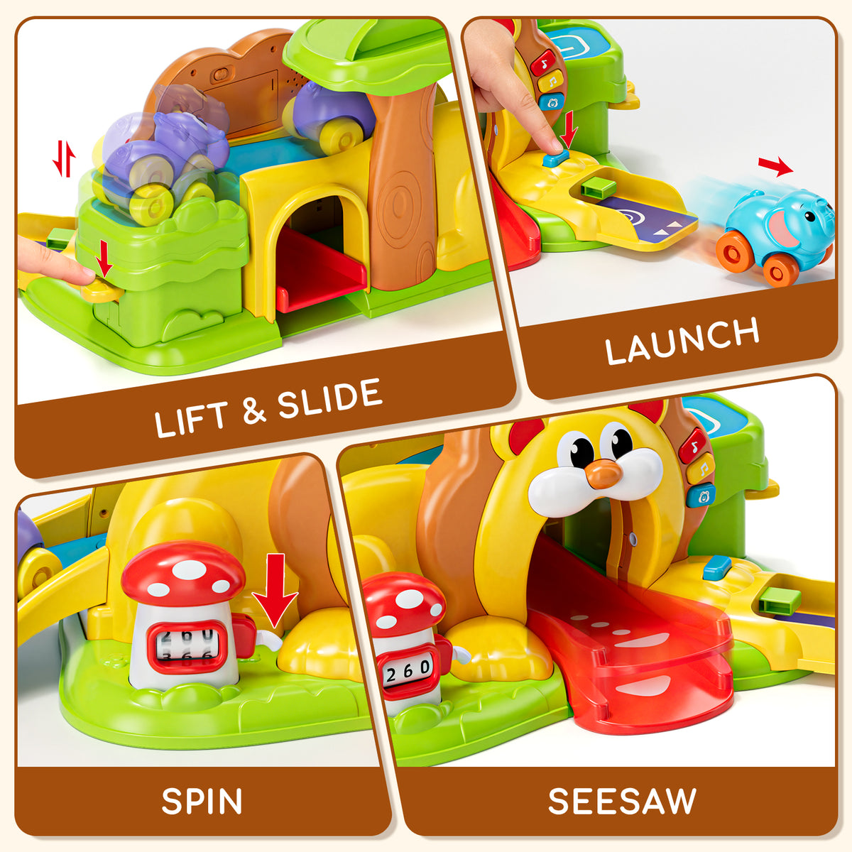 Toy for 1 Year Old, Toy Car for Boys, Lion Toy Car with Music & Light, 5 in 1 Lion Slide & Parking with 4 Mini Cars, Educational Toy for Toddler 1 2 3 Year Old Boys Girls Birthday Gift
