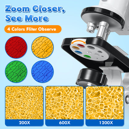 Microscope for Kids, Science Kits for Kids Beginner, Compound Biological Educational Microscope with LED 200X, 600X, 1200X, Smartphone Adapter, Slides Set, Educational Toys for Kids 3-8 Years