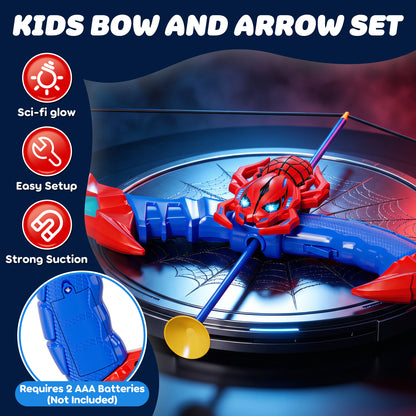 Bow and Arrow Set for Kids, Spider Toys for 5 Year Old Boys, LED Light Up Archery Toy Set with 10 Suction Cup Arrows, Target & Quive, Indoor and Outdoor Toys for Boys