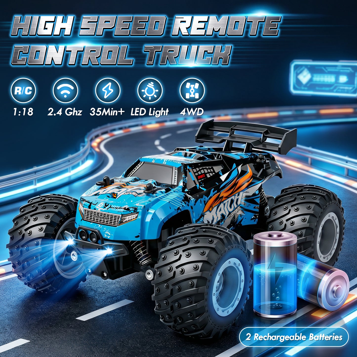 Remote Control Truck, 1:18 All Terrain Rc Truck High Speed Fast 15KM/H, RC Truck with 2.4Ghz & Light & 2 1200 mAH Batteries, Remote Control Car Toys for Boys 5 to 8 Years