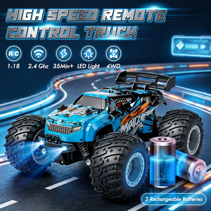 Remote Control Truck, 1:18 All Terrain Rc Truck High Speed Fast 15KM/H, RC Truck with 2.4Ghz & Light & 2 1200 mAH Batteries, Remote Control Car Toys for Boys 5 to 8 Years
