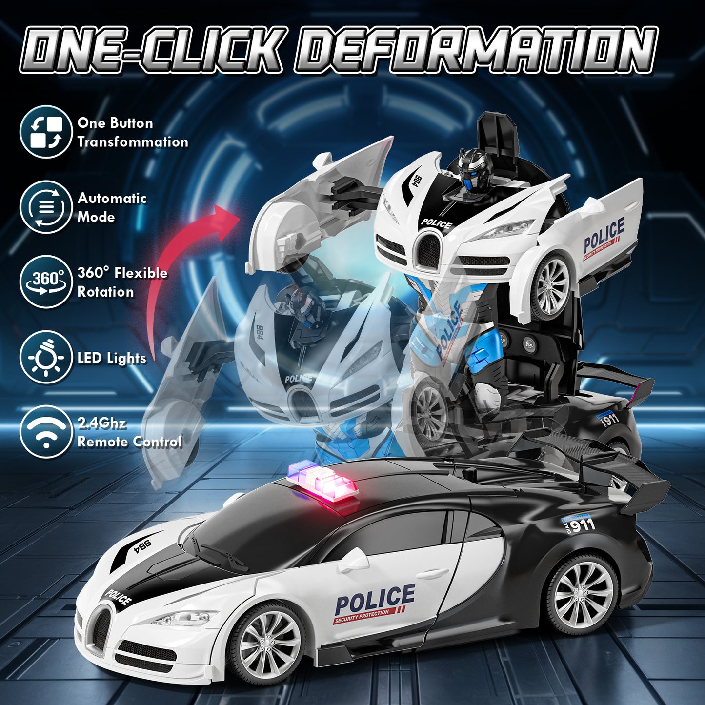 Remote Control Car - Transform Police Car Toy, One Button Deformation to Robot with Light, 2.4Ghz Remote Control Car with 360° Rotating, Police Car Toy for 3 6 Years Boys
