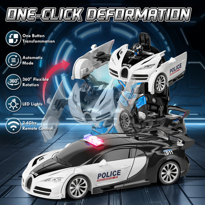 Remote Control Car - Transform Police Car Toy, One Button Deformation to Robot with Light, 2.4Ghz Remote Control Car with 360° Rotating, Police Car Toy for 3 6 Years Boys