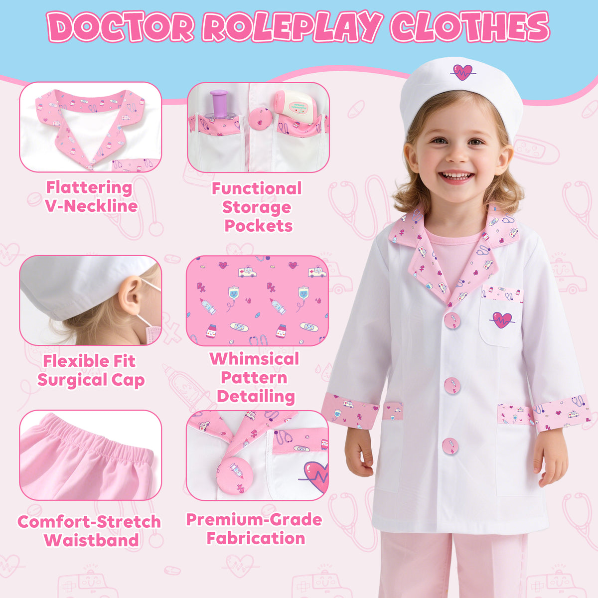 Doctor Costume Set for Kids, Pretend Play Doctor Dress up Clothes with Medical Accessories, Kids Doctor Costume Set Toy for Age 3 4 5 6 Boys Girls - Pink