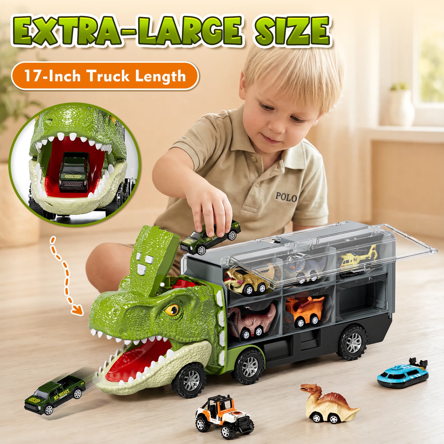 13 in 1 Dinosaur Truck, Transport Dinosaur Carrier Truck with 8 Dinosaurs & 4 Cars & Sound, Dinosaur Toys for Boys, Toy Trucks for Boys 3 6 Years