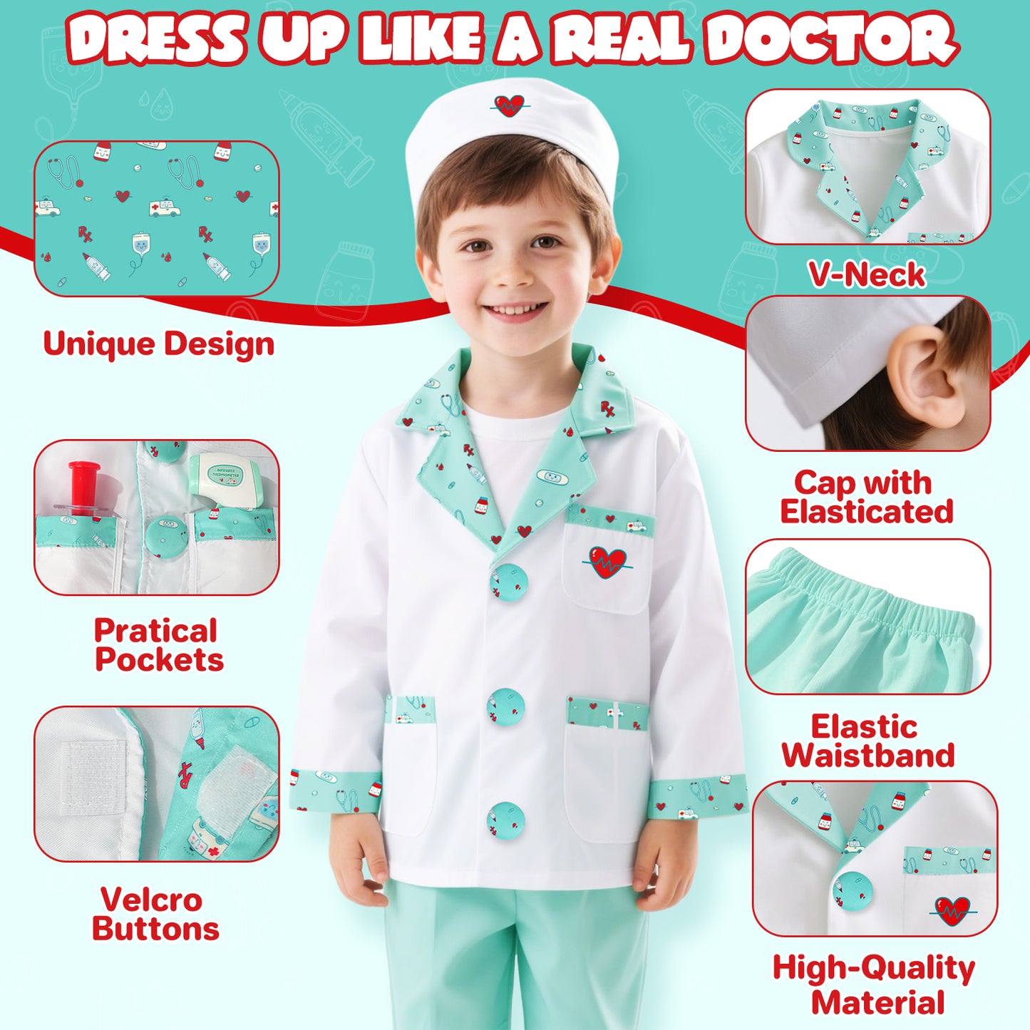 Doctor Costume Set for Kids, Pretend Play Doctor Dress up Clothes with Medical Accessories, Kids Doctor Costume Set Toy for Age 3-6 Boys Girls - Green