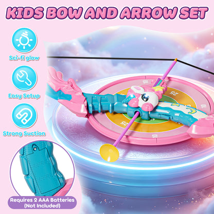 Bow and Arrow Set for Kids, Unicorn Toys for 5 Year Old Girls, LED Light Up Archery Toy Set with 10 Suction Cup Arrows, Target & Quive, Indoor and Outdoor Toys for Girls