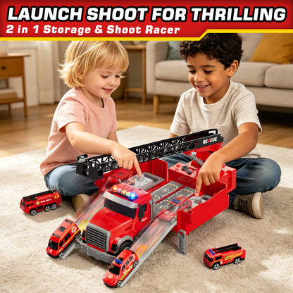 Fire Truck Toys, Toy Trucks for Boys 2-6 Years, Fire Truck Toys for Toddlers with Ejection Mode, Siren Sounds, Shooting Water, Retractable Ladder, 4 Alloy Vehicles, Best Birthday Gift for Toddle