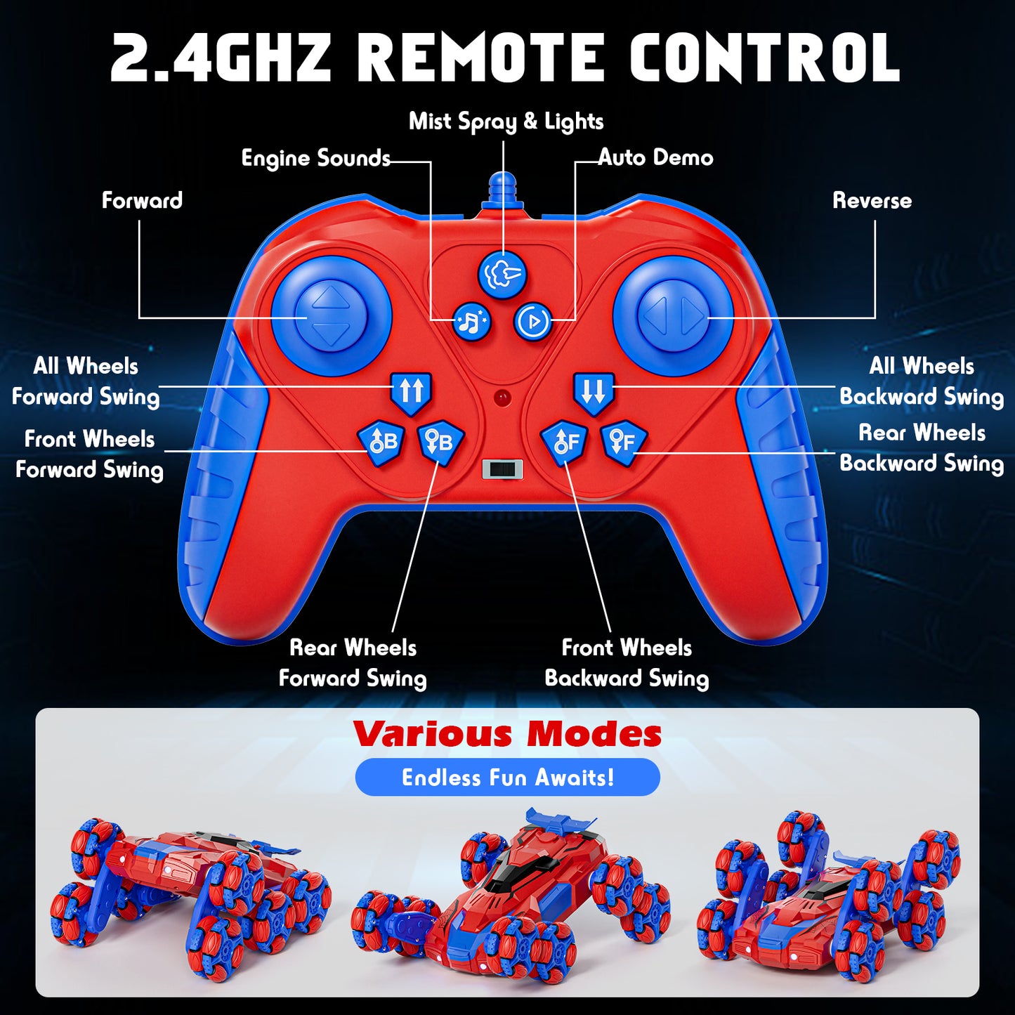 Remote Control Car, 8WD RC Car Toys for Boys, 2.4Ghz RC Car with Light & Spray, Transform Drift RC Stunt Cars Toys for Boys 5 6 7 8 9 10 Years, RC Cars for Boy Outdoor Toys Birthday Gift