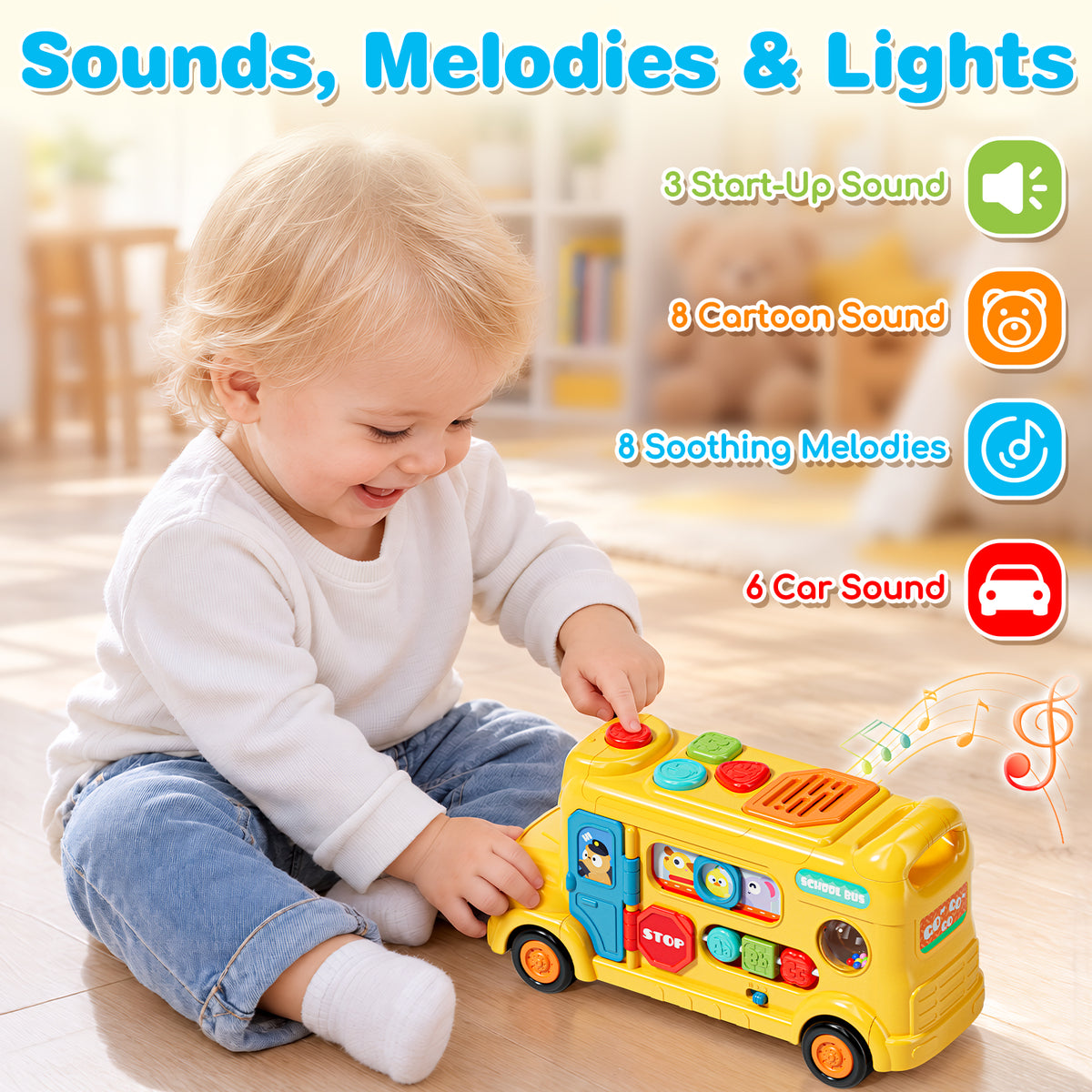 School Bus Toy for 1 Year Old, Musical Busy Board Toy with Lights and Sounds, Interactive Learning Toy for Toddlers 1-3 with Gears and Sliding Beads