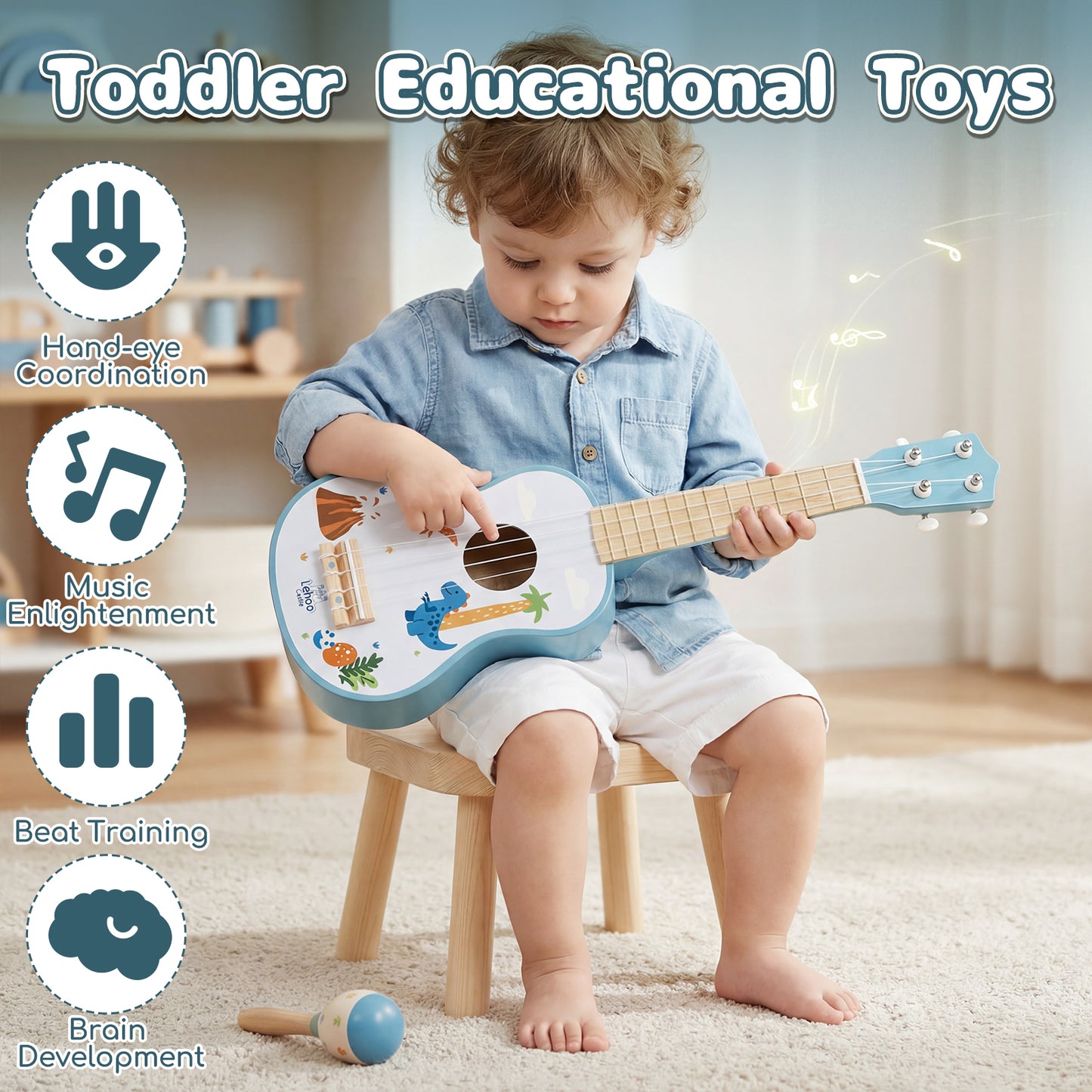 Kids Guitar, Wooden Musical Instruments for Kids, 7 in 1 Dinosaur Music Toys, Band Sets with Ukulele Flute Tambourine Maracas... Montessori Toys for 2 3 Year Old Boy Girls