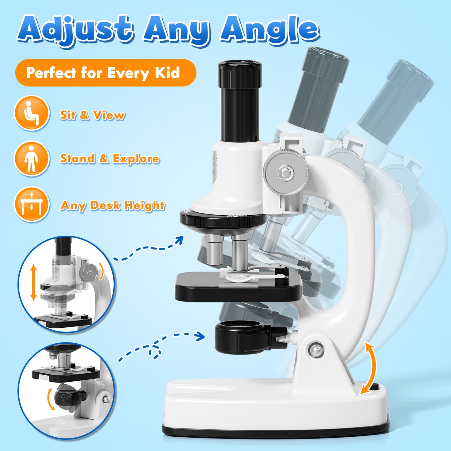 Microscope for Kids, Science Kits for Kids Beginner, Compound Biological Educational Microscope with LED 200X, 600X, 1200X, Smartphone Adapter, Slides Set, Educational Toys for Kids 3-8 Years