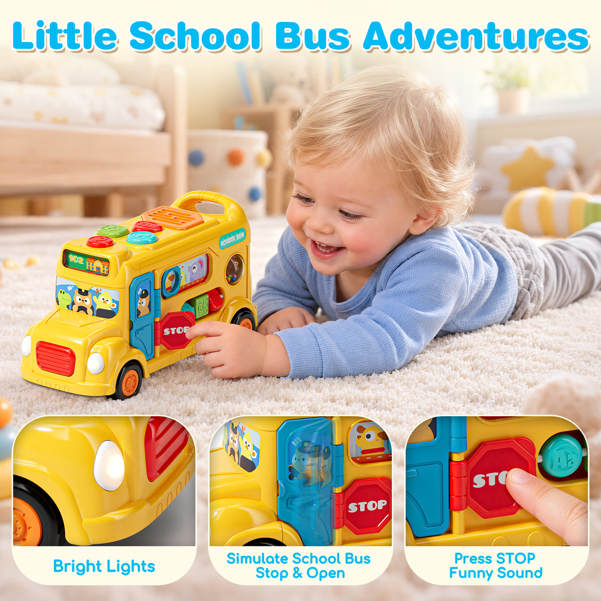 School Bus Toy for 1 Year Old, Musical Busy Board Toy with Lights and Sounds, Interactive Learning Toy for Toddlers 1-3 with Gears and Sliding Beads