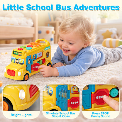 School Bus Toy for 1 Year Old, Musical Busy Board Toy with Lights and Sounds, Interactive Learning Toy for Toddlers 1-3 with Gears and Sliding Beads