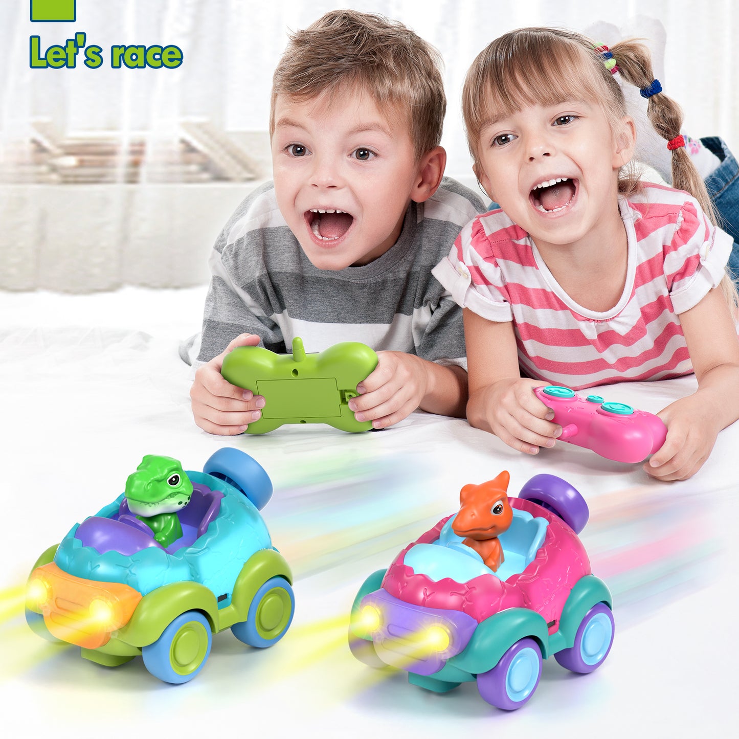 Remote Control Car for Toddlers, Rechargeable RC Cars for Toddler Toys 2-3, Dinosaur Toys for Ages 2-4 with Lights & Music, 2 3 4 Year Old Boy Toys - 2 Pack