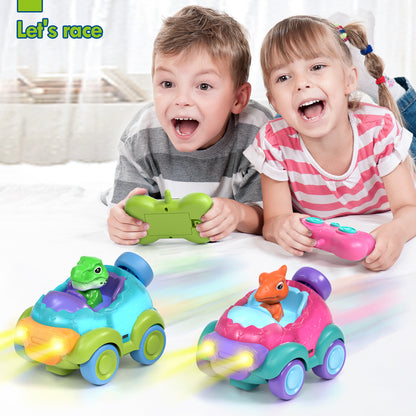Remote Control Car for Toddlers, Rechargeable RC Cars for Toddler Toys 2-3, Dinosaur Toys for Ages 2-4 with Lights & Music, 2 3 4 Year Old Boy Toys - 2 Pack