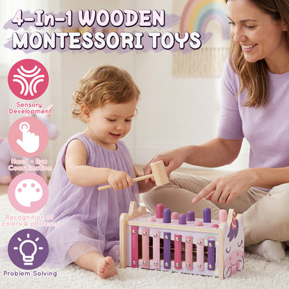 Montessori Toys for 1 Year Old, Wooden Montessori Learning Toys for Toddler, Hammering Pounding Toy with Xylophone, Unicorn Toys, Wood Preschool Learning Fine Motor Skills Game