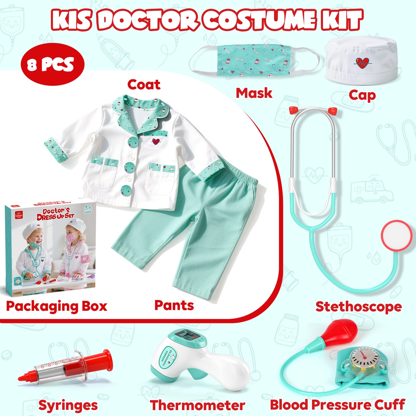 Doctor Costume Set for Kids, Pretend Play Doctor Dress up Clothes with Medical Accessories, Kids Doctor Costume Set Toy for Age 3-6 Boys Girls - Green