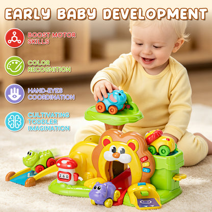 Toy for 1 Year Old, Toy Car for Boys, Lion Toy Car with Music & Light, 5 in 1 Lion Slide & Parking with 4 Mini Cars, Educational Toy for Toddler 1 2 3 Year Old Boys Girls Birthday Gift
