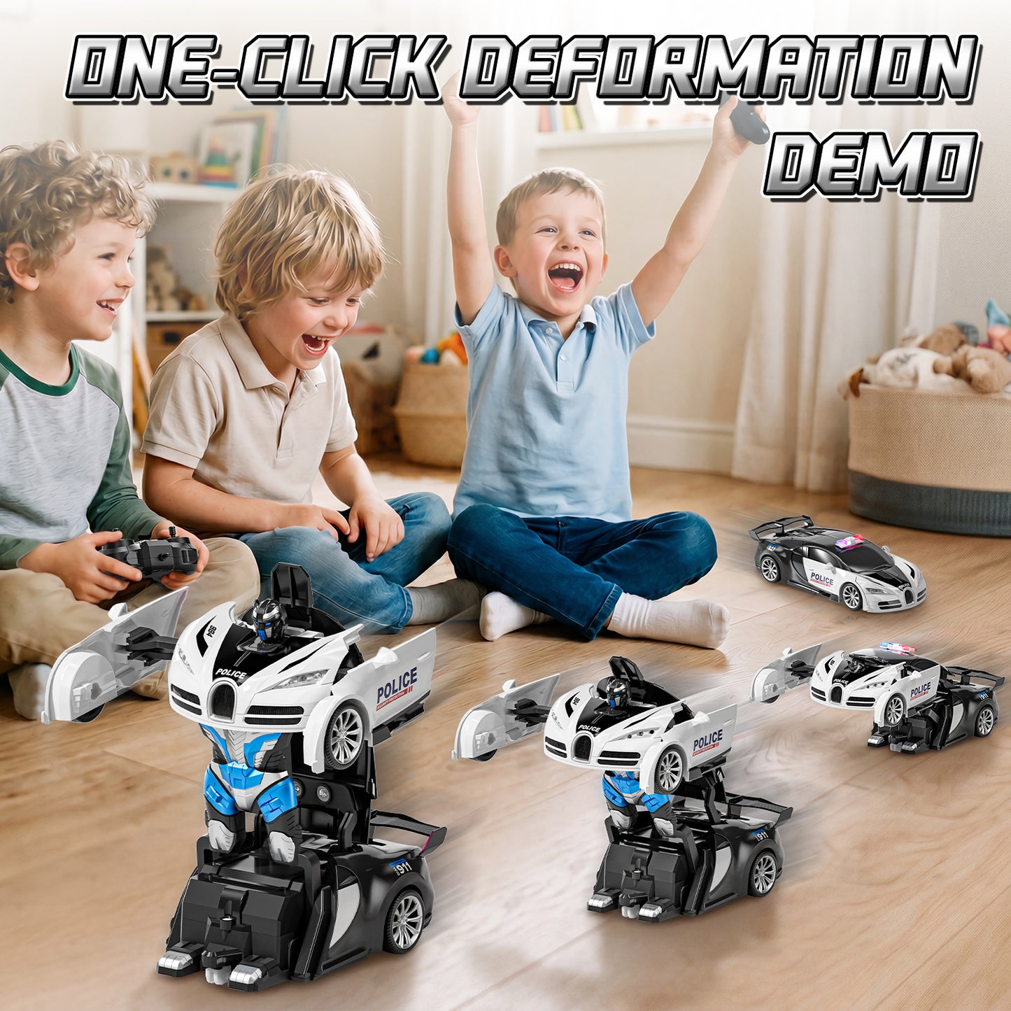 Remote Control Car - Transform Police Car Toy, One Button Deformation to Robot with Light, 2.4Ghz Remote Control Car with 360° Rotating, Police Car Toy for 3 6 Years Boys