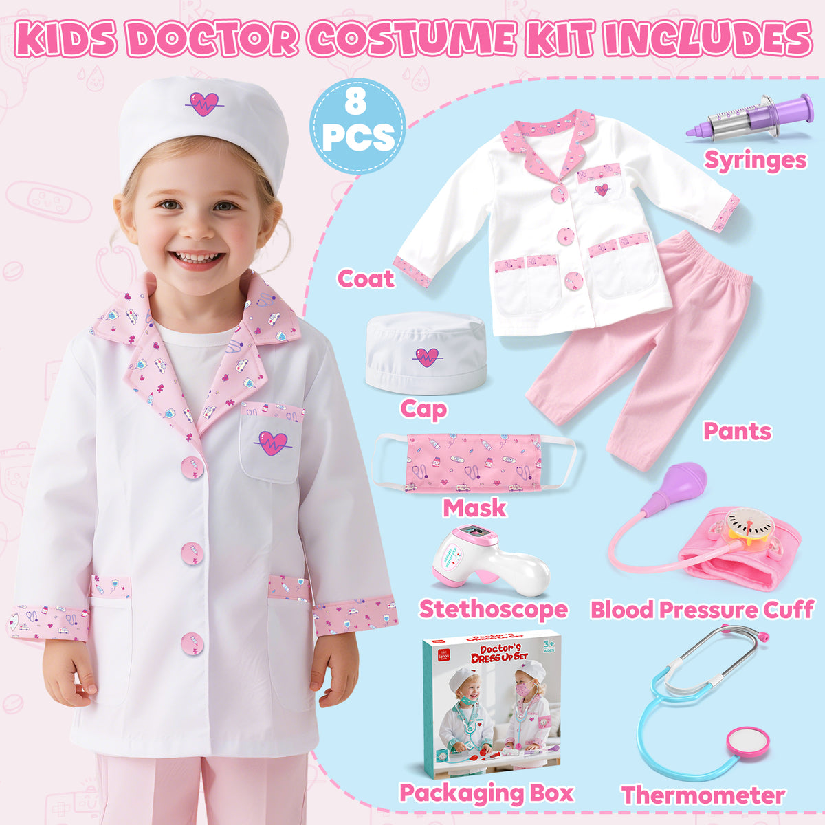 Doctor Costume Set for Kids, Pretend Play Doctor Dress up Clothes with Medical Accessories, Kids Doctor Costume Set Toy for Age 3 4 5 6 Boys Girls - Pink