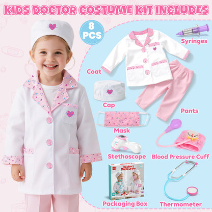 Doctor Costume Set for Kids, Pretend Play Doctor Dress up Clothes with Medical Accessories, Kids Doctor Costume Set Toy for Age 3 4 5 6 Boys Girls - Pink