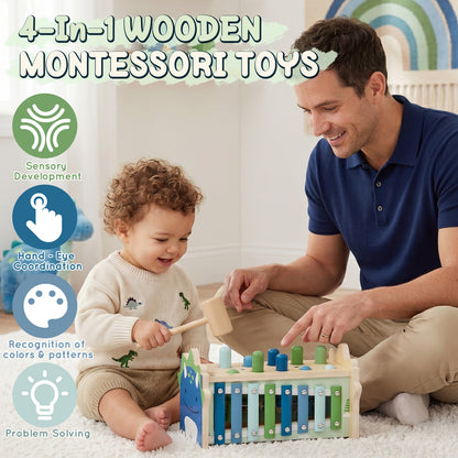 Montessori Toys for 1 Year Old, Wooden Montessori Learning Toys for Toddler, Hammering Pounding Toy with Xylophone, Dinosaur Toys, Wood Preschool Learning Fine Motor Skills Game