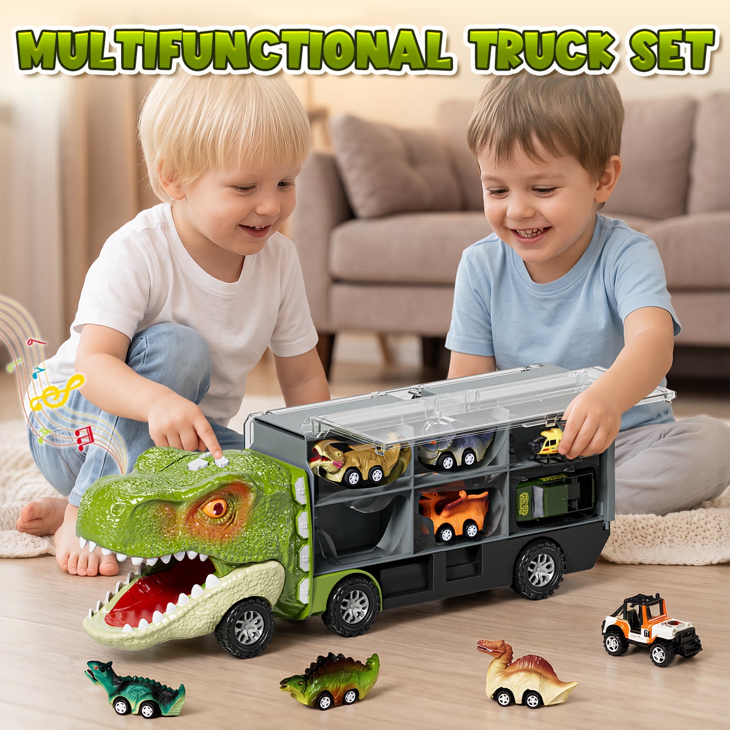 13 in 1 Dinosaur Truck, Transport Dinosaur Carrier Truck with 8 Dinosaurs & 4 Cars & Sound, Dinosaur Toys for Boys, Toy Trucks for Boys 3 6 Years