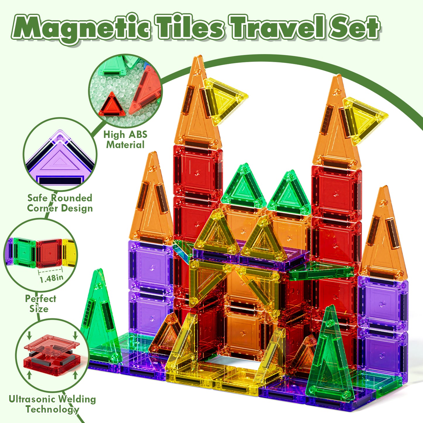 Mini Magnetic Tiles Travel Set with Metal Storage Box, 50PCS Magnetic Tiles, STEM Montessori Educational Toy for Boys Girls, Magnetic Construction Toys for 4-8 Year Old Kids Gifts