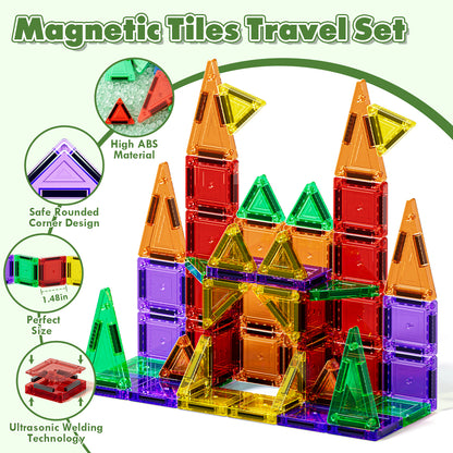 Mini Magnetic Tiles Travel Set with Metal Storage Box, 50PCS Magnetic Tiles, STEM Montessori Educational Toy for Boys Girls, Magnetic Construction Toys for 4-8 Year Old Kids Gifts