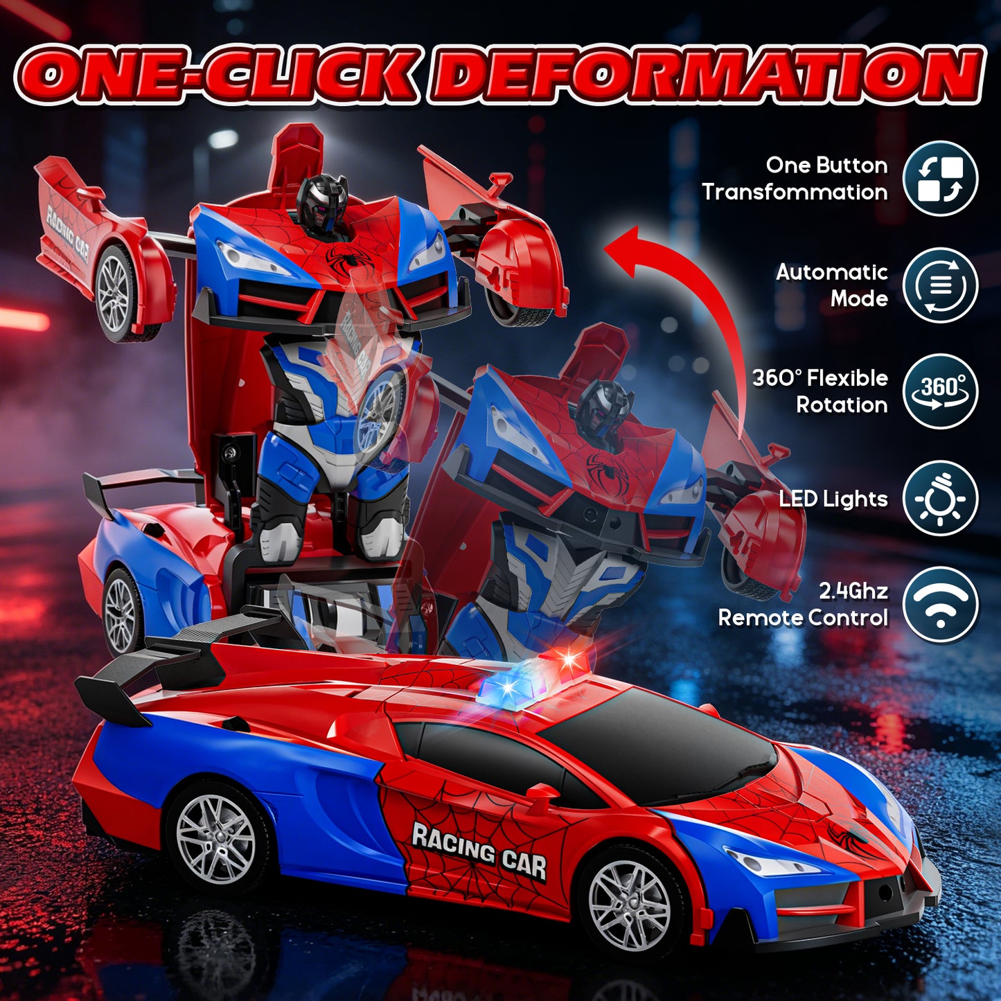 Remote Control Car - Transform Spider Car Toy, One Button Deformation to Robot with Light, 2.4Ghz Remote Control Car with 360° Rotating, Police Car Toy for 3 6 Years Boys