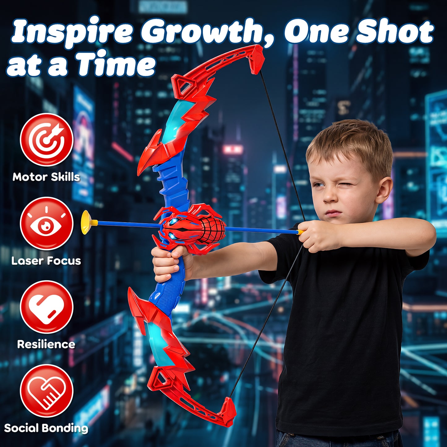Bow and Arrow Set for Kids, Spider Toys for 5 Year Old Boys, LED Light Up Archery Toy Set with 10 Suction Cup Arrows, Target & Quive, Indoor and Outdoor Toys for Boys