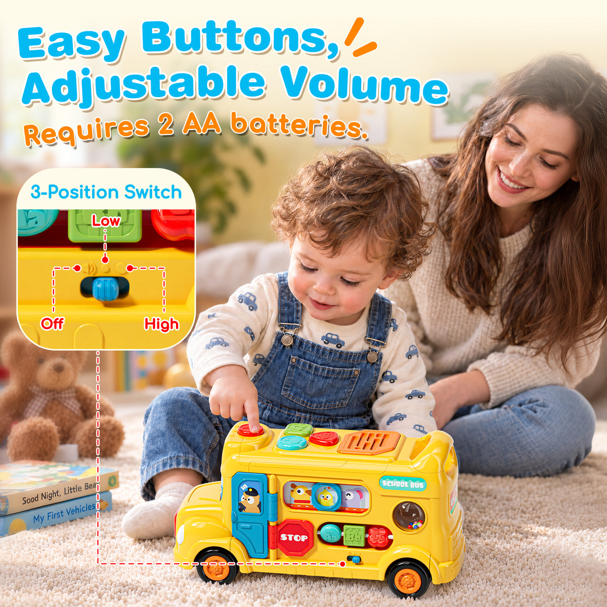 School Bus Toy for 1 Year Old, Musical Busy Board Toy with Lights and Sounds, Interactive Learning Toy for Toddlers 1-3 with Gears and Sliding Beads