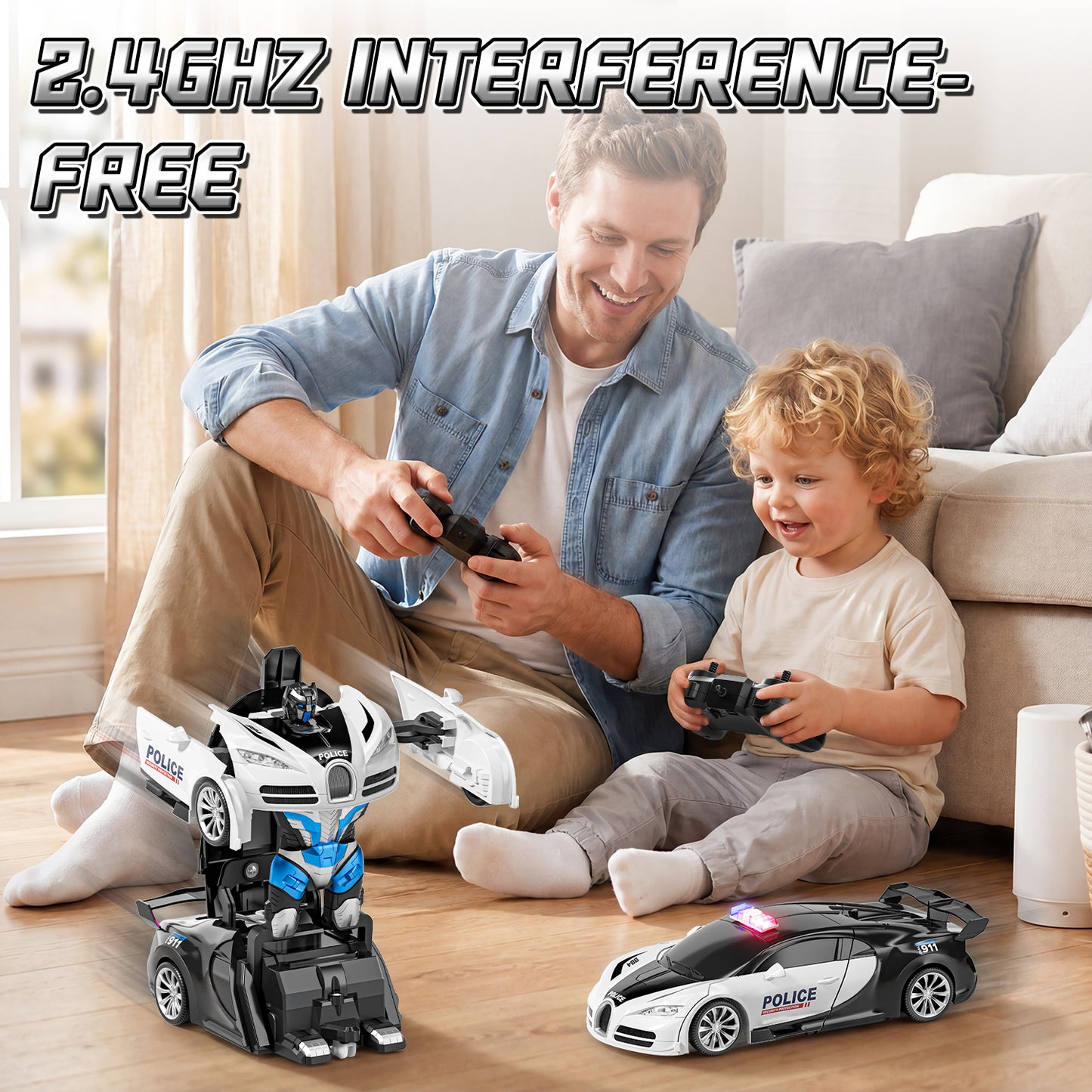 Remote Control Car - Transform Police Car Toy, One Button Deformation to Robot with Light, 2.4Ghz Remote Control Car with 360° Rotating, Police Car Toy for 3 6 Years Boys
