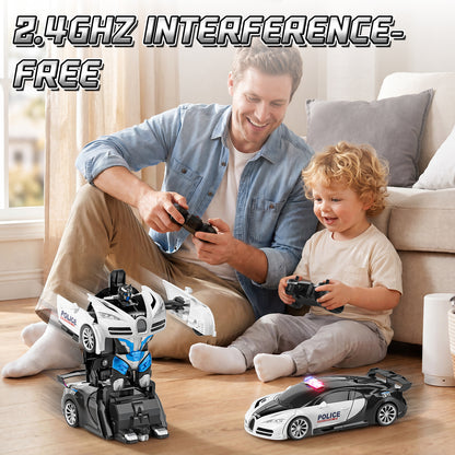 Remote Control Car - Transform Police Car Toy, One Button Deformation to Robot with Light, 2.4Ghz Remote Control Car with 360° Rotating, Police Car Toy for 3 6 Years Boys