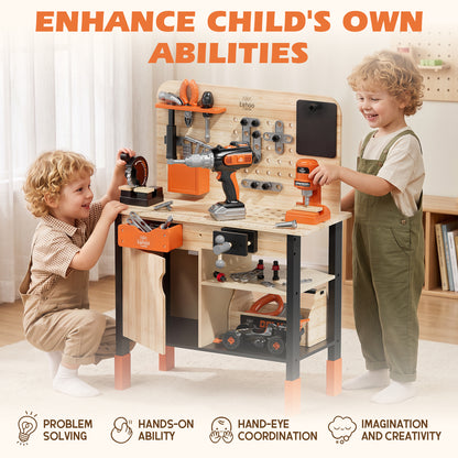 Kids Tool Bench Play Set, Wooden Kids Tool Set with Realistic Tools Electric Drill, Wrench, Screwdriver, Pretend Play Toys Construction Workbench for 3-6 Year Old Boys Girls