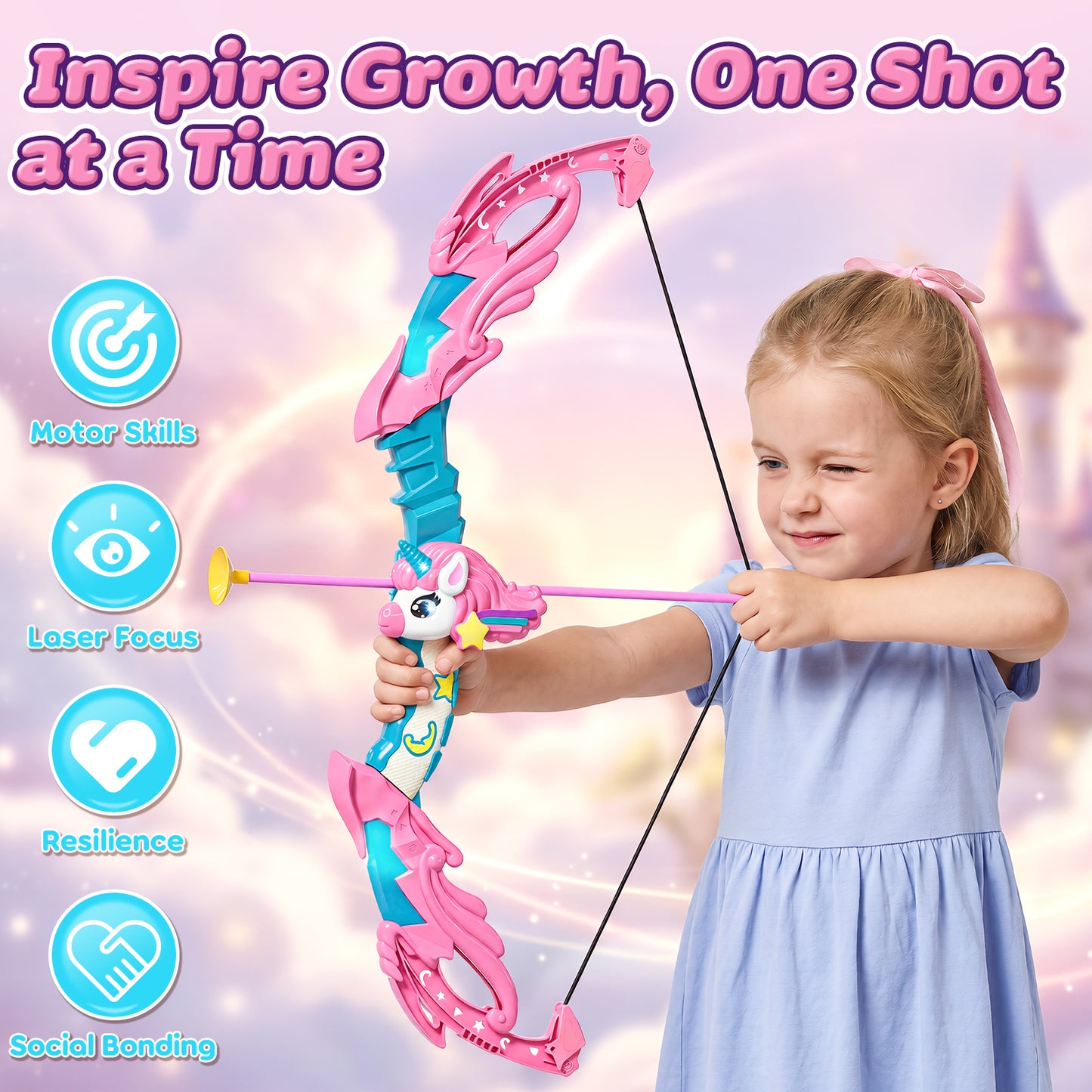 Bow and Arrow Set for Kids, Unicorn Toys for 5 Year Old Girls, LED Light Up Archery Toy Set with 10 Suction Cup Arrows, Target & Quive, Indoor and Outdoor Toys for Girls